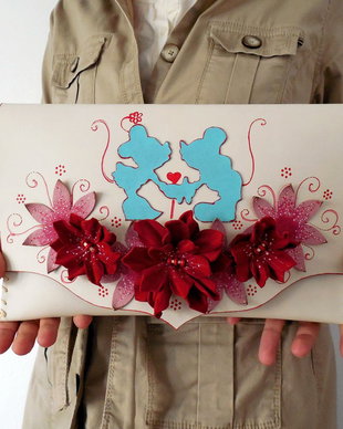 poseta plic handmade unicat din piele - Minnie and Mickey Love
