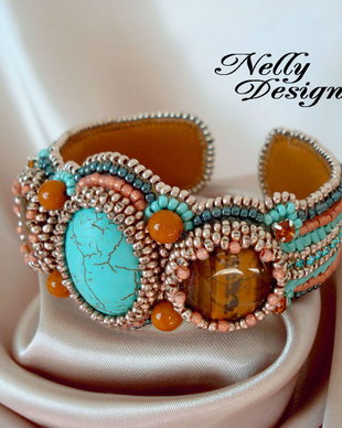 Bratara bead-embroidery cu turcoaz si ochi de tigru