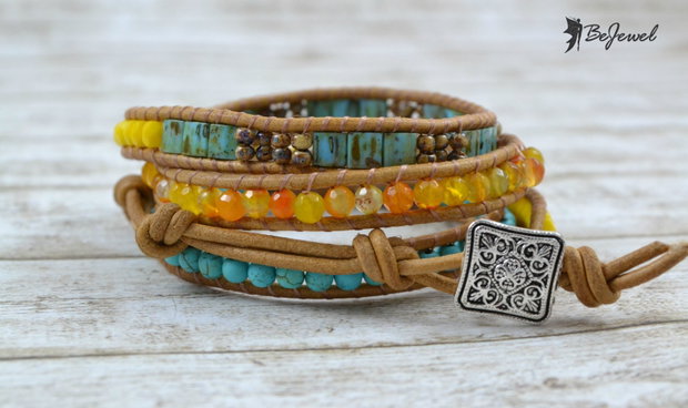 Bratara wrap cu snur de piele, pietre semipretioase si cristale mate ''Happy Summer''