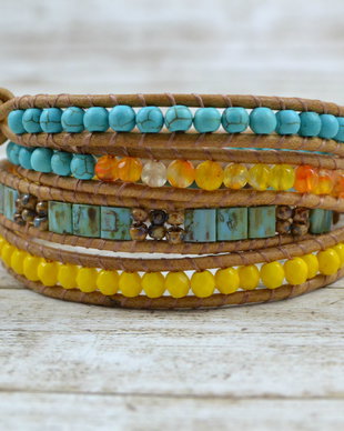 Bratara wrap cu snur de piele, pietre semipretioase si cristale mate ''Happy Summer''