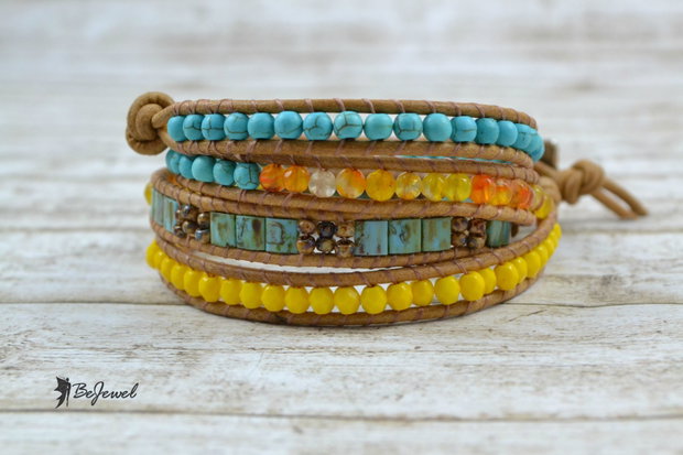 Bratara wrap cu snur de piele, pietre semipretioase si cristale mate ''Happy Summer''