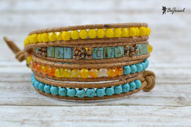 Bratara wrap cu snur de piele, pietre semipretioase si cristale mate ''Happy Summer''