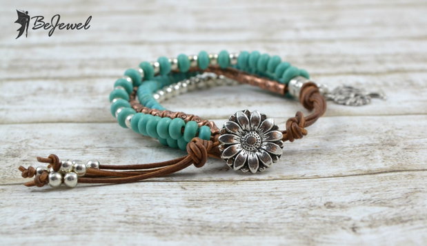 Bratara multisir cu piele si mix de margele ''Turquoise''