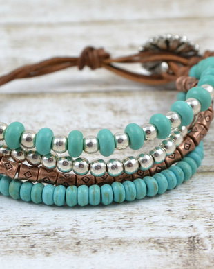 Bratara multisir cu piele si mix de margele ''Turquoise''