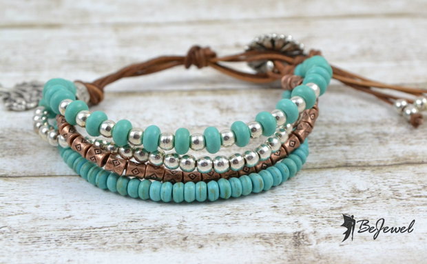 Bratara multisir cu piele si mix de margele ''Turquoise''