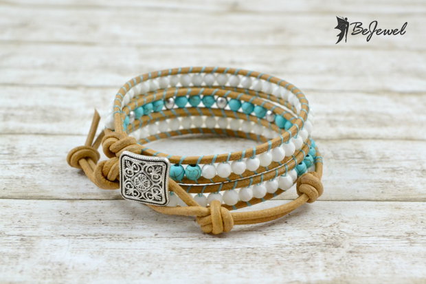 Bratara wrap din snur de piele si magnezit ''Shell''