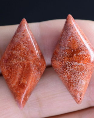 9281 - (2buc) Cabochon, coral poros, rosu caramiziu, romb, 30x15x5mm