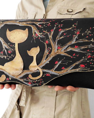 poseta plic handmade unicat din piele - Sakura Cats