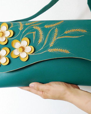Geanta "Crossover" handmade unicat din piele naturala- Teal Vintage flowers#2