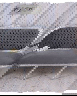 SOFA MADAME POMPADOUR DIN LEMN MASIV ARGINTIU SI TAPITERIE GRI