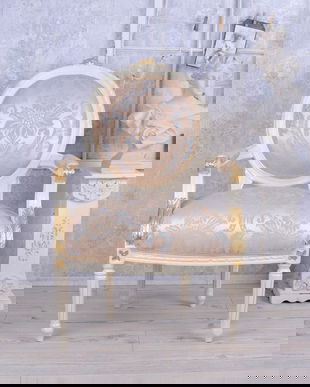 SEMIFOTOLIU MEDALION DIN LEMN MASIV ALB CU TAPITERIE GRI CU FLORI BEJ