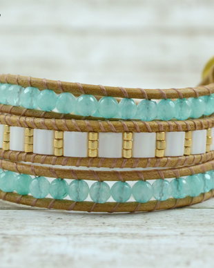 REZERVATA -Bratara wrap din snur de piele si cristale ''Aqua'