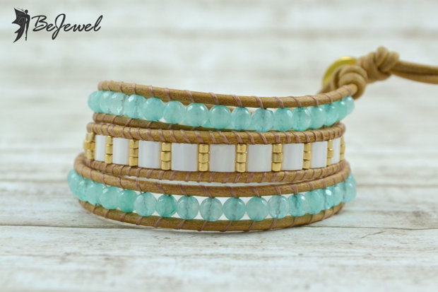 REZERVATA -Bratara wrap din snur de piele si cristale ''Aqua'