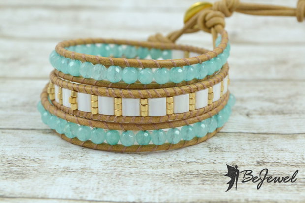 REZERVATA -Bratara wrap din snur de piele si cristale ''Aqua'