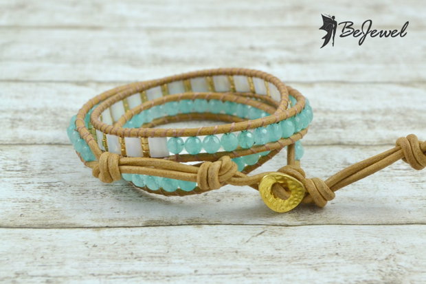 REZERVATA -Bratara wrap din snur de piele si cristale ''Aqua'