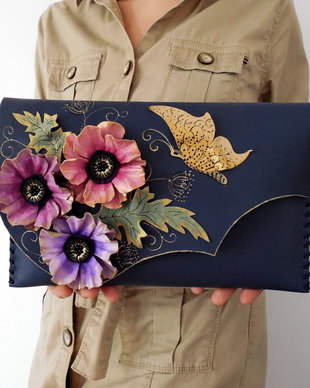 poseta plic handmade unicat din piele - Anemone