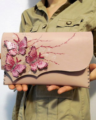 poseta plic handmade unicat din piele - Fuchsia Butterflies#2