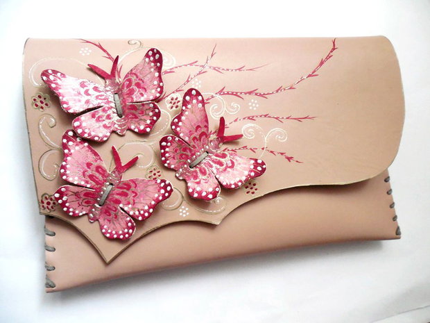 poseta plic handmade unicat din piele - Fuchsia Butterflies#2