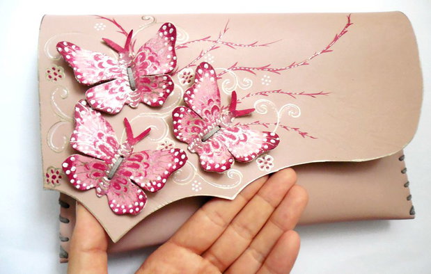 poseta plic handmade unicat din piele - Fuchsia Butterflies#2