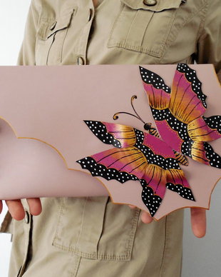 poseta plic handmade unicat din piele - Burgundy Butterfly