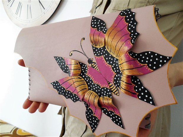 poseta plic handmade unicat din piele - Burgundy Butterfly