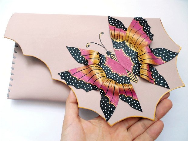 poseta plic handmade unicat din piele - Burgundy Butterfly