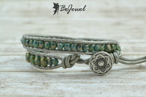 Bratara wrap cu snur piele si cristale ''Picasso Green'' -marime mare