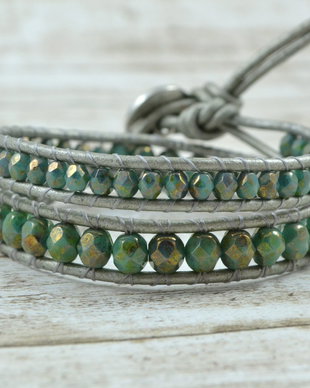 Bratara wrap cu snur piele si cristale ''Picasso Green'' -marime mare