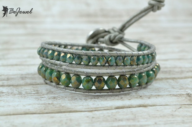 Bratara wrap cu snur piele si cristale ''Picasso Green'' -marime mare