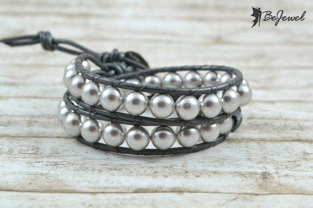 Bratara wrap cu snur piele si perle ''Shells'' -marime mica