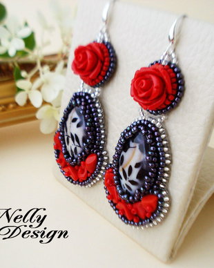 "Flamenco dancer"- Cercei broderie coral si sidef