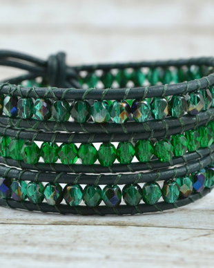 Rezervata -Bratara wrap cu snur de piele si cristale ''Deep Forest Green 2''