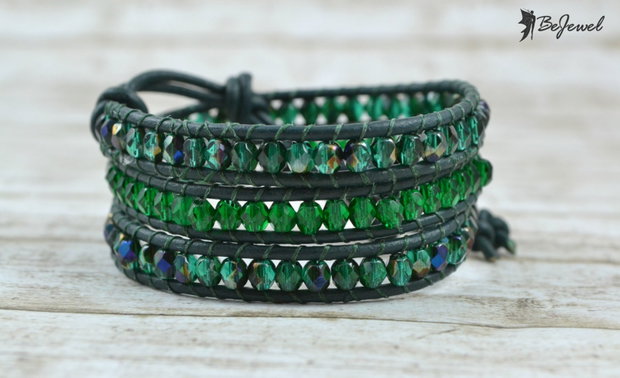 Rezervata -Bratara wrap cu snur de piele si cristale ''Deep Forest Green 2''