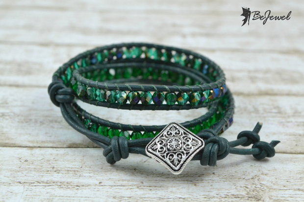 Rezervata -Bratara wrap cu snur de piele si cristale ''Deep Forest Green 2''