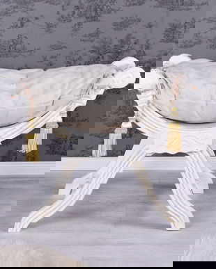 SCAUNEL TURCESC DIN LEMN MASIV ALB CU TAPITERIE GREJ