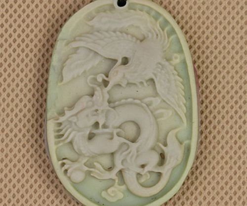 9738 - Pandantiv, jad sculptat, dragon si pasarea phoenix, 50x34x6mm
