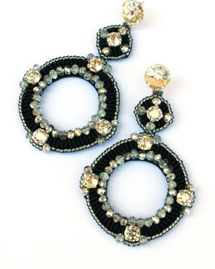 cercei rotunzi brodati negru mat-silver shadow