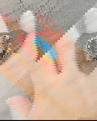 Inel supradimensionati din piele maro cu decoartie de cristal brut, inel mare cu cristal albastru, inel handmade unicat, inel asimetric