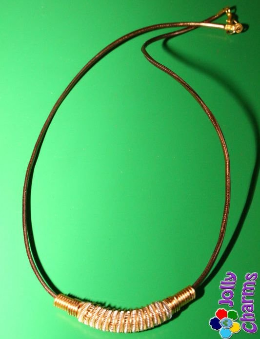 Colier din piele cu link din sarma;colier unisex - Brown&gold