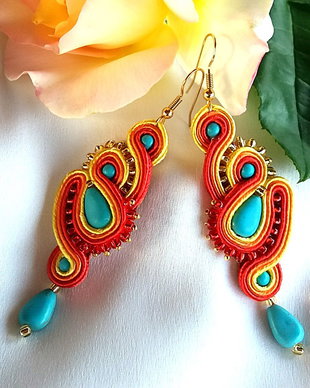 Cercei soutache turcoaz-rosu-portocaliu-galben