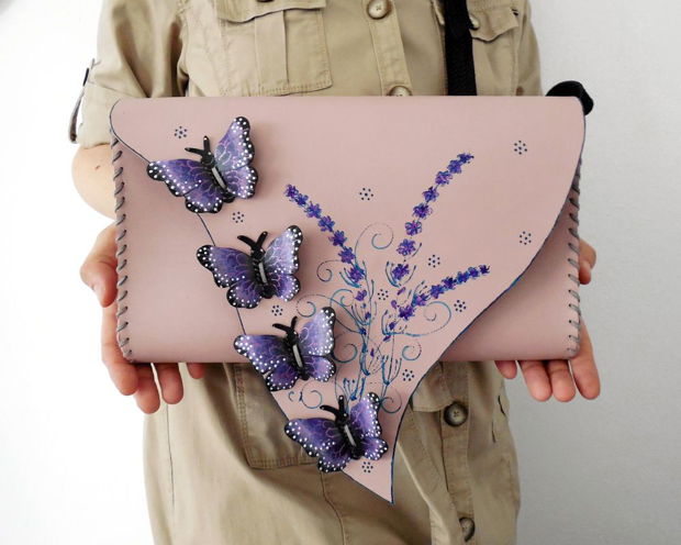 Geanta "Crossbody" handmade unicat- Lavander Butterfly