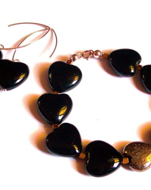 Bratara neagra si cercei cu inimioare din Argint 925, Onix, Pirita auriu vintage si Hematit auriu - BR408, CE408 - bratara romantica, cercei negri inima pietre semipretioase