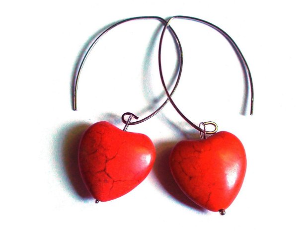 Cercei lungi portocalii inima din Howlite - CE409.1 - cercei colorati cu inimioare, cercei boho mari, cadou pentru ea, cadou romantic