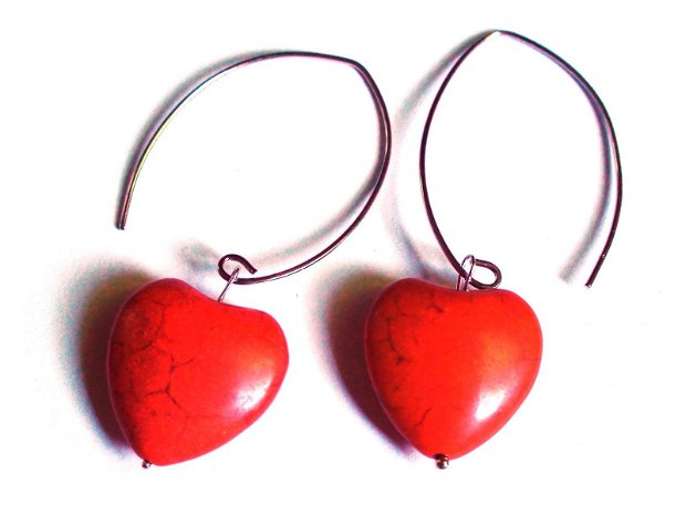 Cercei lungi portocalii inima din Howlite - CE409.1 - cercei colorati cu inimioare, cercei boho mari, cadou pentru ea, cadou romantic