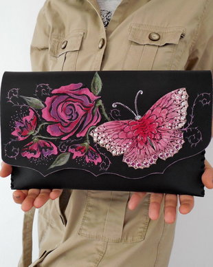 poseta plic handmade unicat din piele - Rose Garden