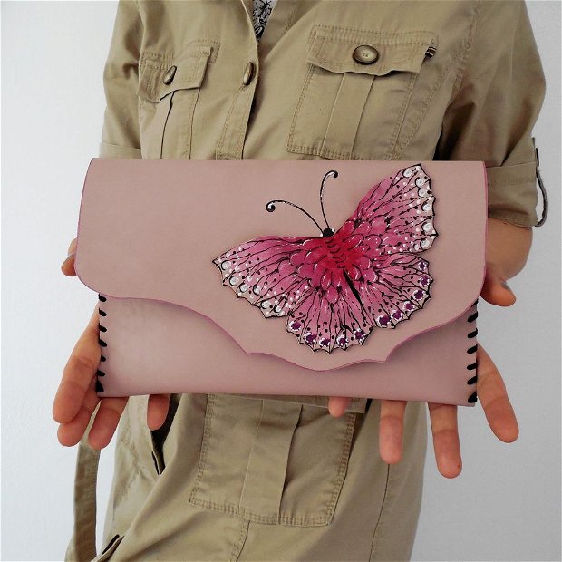 poseta plic handmade unicat din piele - Little Butterfly