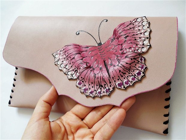 poseta plic handmade unicat din piele - Little Butterfly