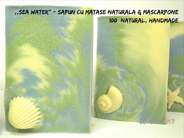 ,,SEA WATER'' - Sapun natural, realizat manual (cu: mascarpone, argila, matase naturala, menta)