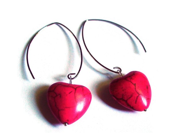 Cercei lungi roz inima din Howlite - CE409.2 - cercei colorati cu inimioare, cercei boho mari, cadou pentru ea, cadou romantic