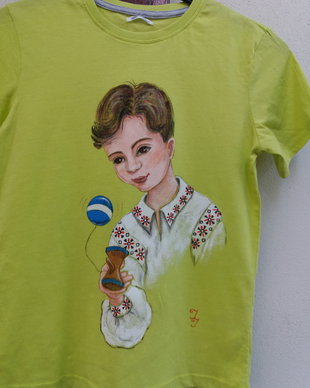 Tricou verde lemon baieti pictat manual cu un jucator de kendama